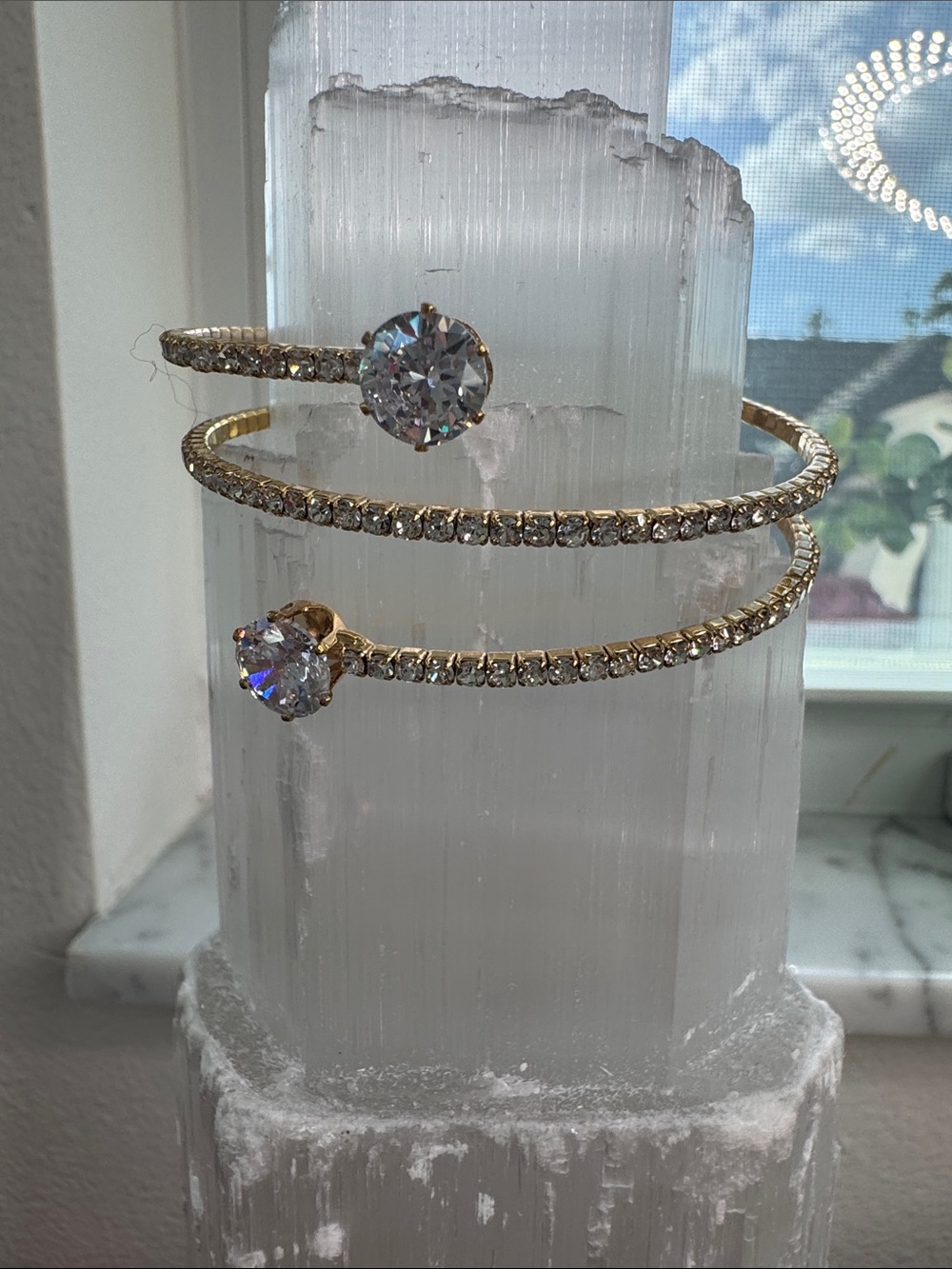 Gold Crystal Double-Open Coil Bracelet with Clear Stones